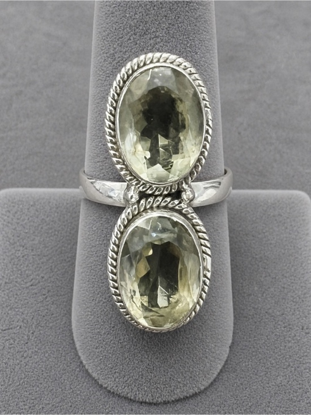 Double Oval Green Amethyst 925 Silver Ring – Faceted Rope Bezel Set 8.25 #599